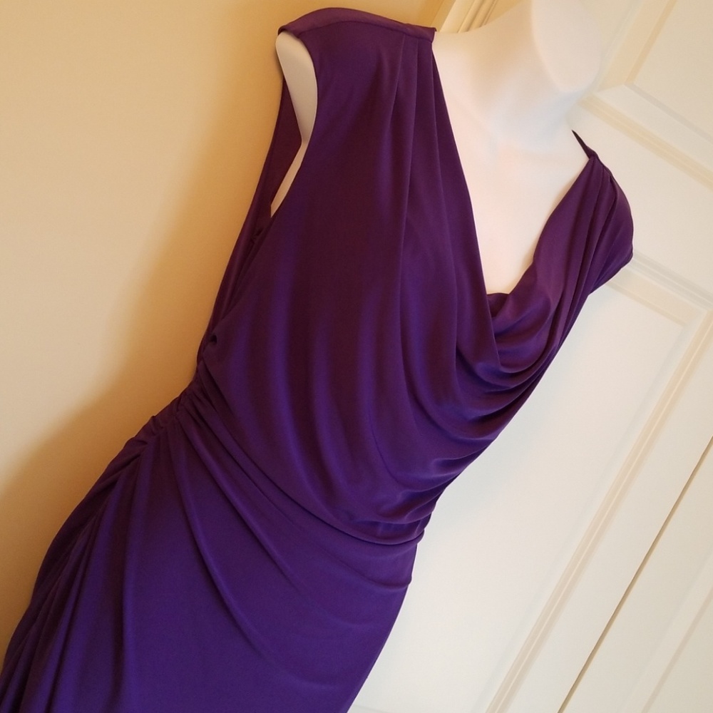 Flattering purple cowl neck rouched dress